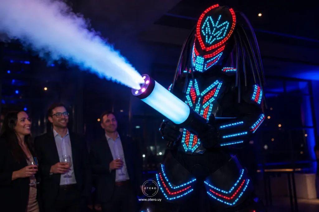 Robot LED Fugitivo con bazooka luminosa ante invitados en una escena empresarial ilustrativa