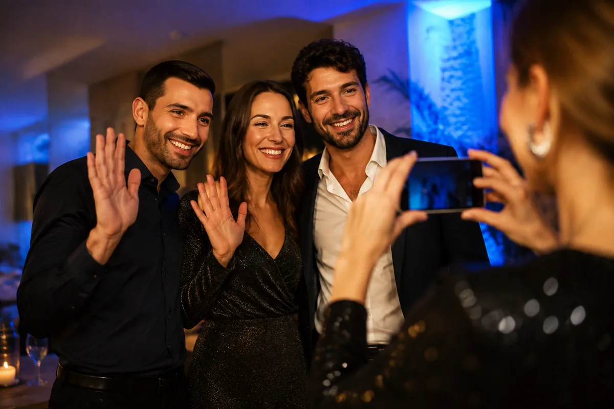 Tres amigos adultos posan para un celular en una escena de fiesta ilustrativa