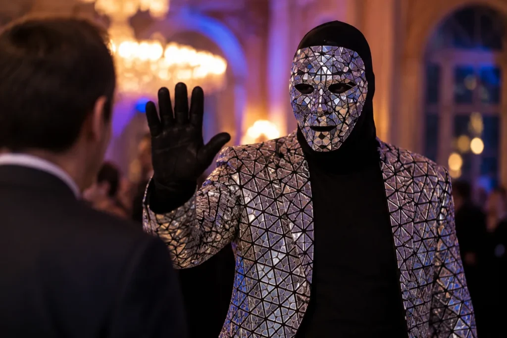 Ilustración de Mirror Man con máscara y saco de mosaicos plateados saludando a un invitado