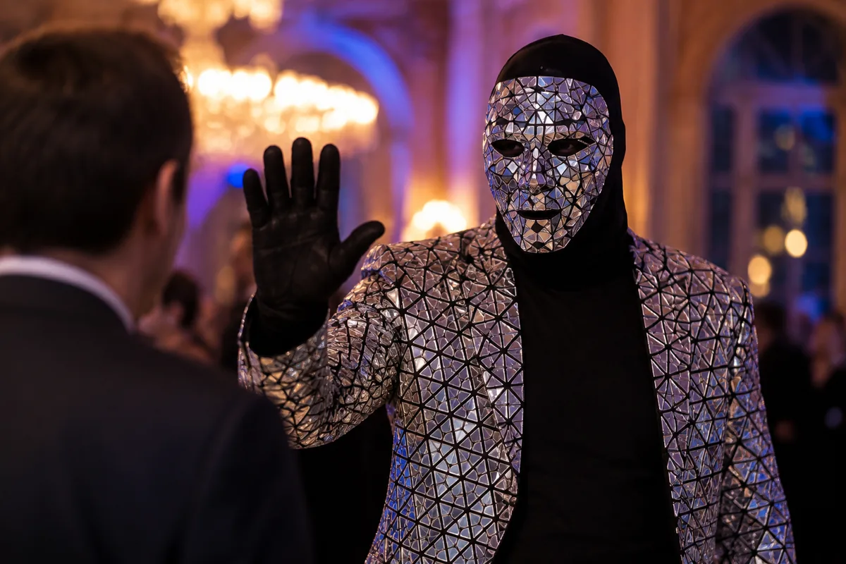 Ilustración de Mirror Man con máscara y saco de mosaicos plateados saludando a un invitado