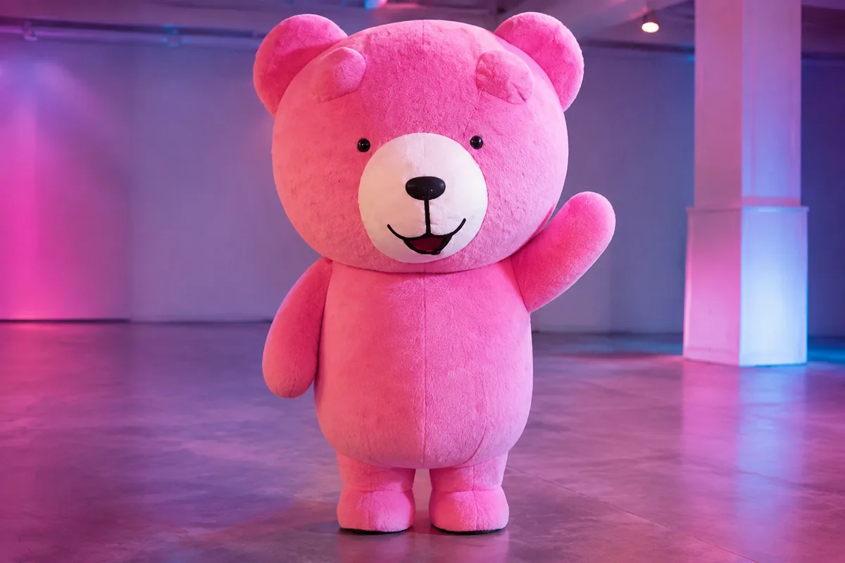 Ilustración del oso rosa de cabeza grande, torso inflable moderado y piernas cortas
