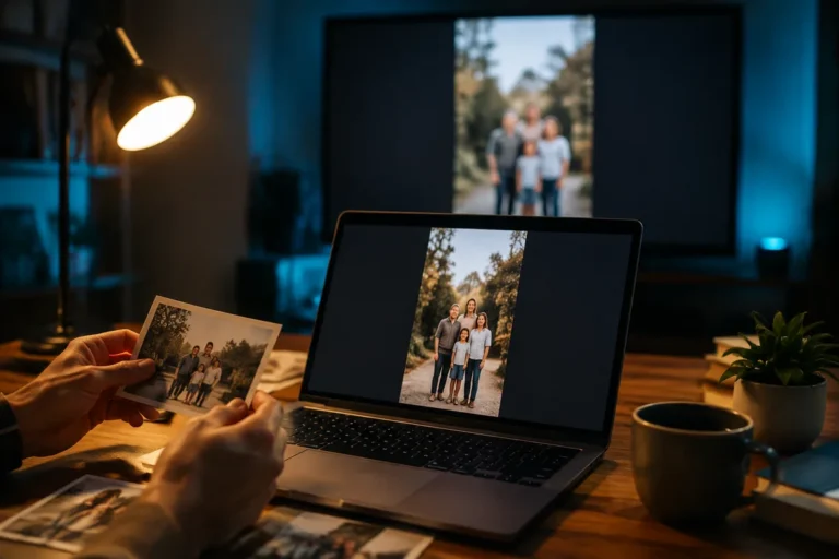 Revisión ilustrativa de una foto vertical dentro de un lienzo horizontal en una laptop