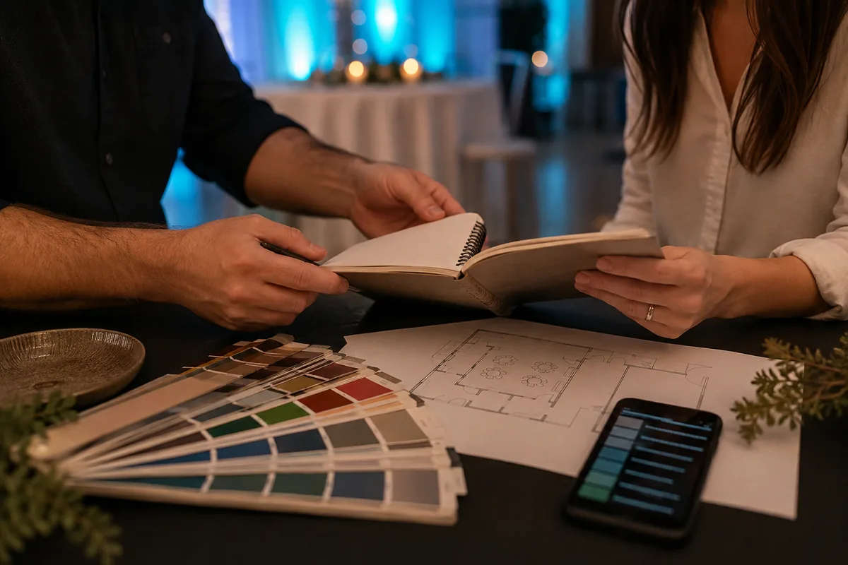 Dos adultos revisan un cuaderno, un plano sencillo y muestras de colores en una escena ilustrativa