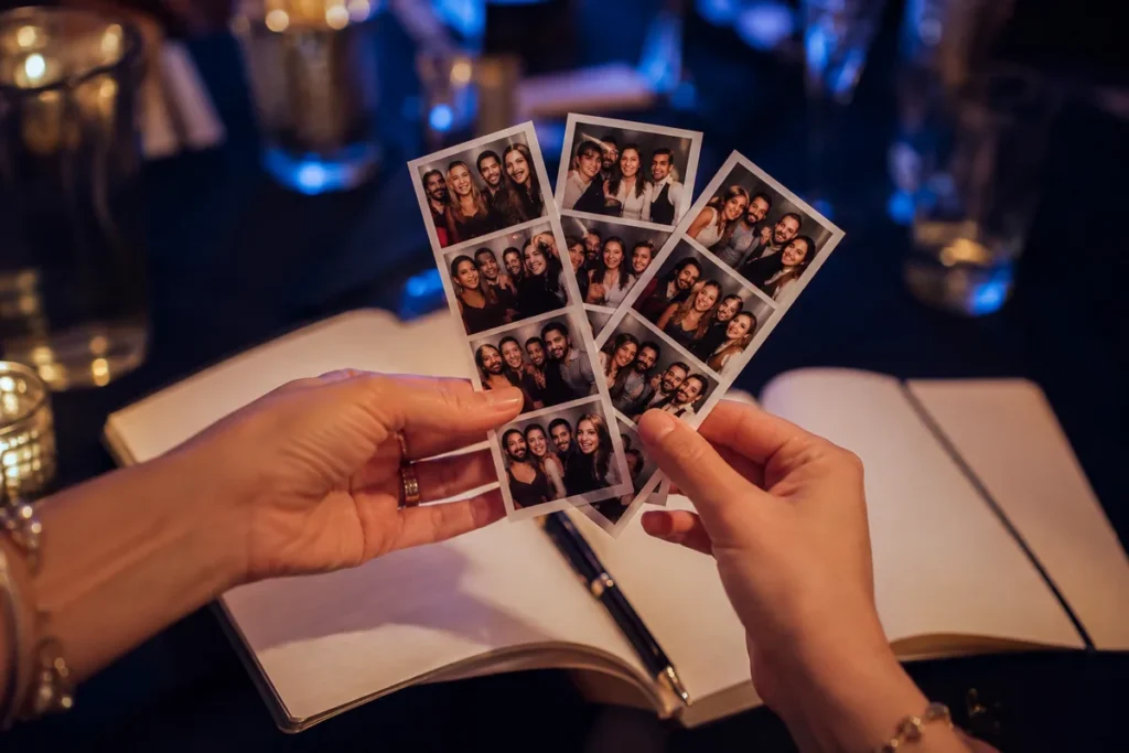 Manos sostienen tiras de fotos ficticias de amigos junto a un cuaderno abierto