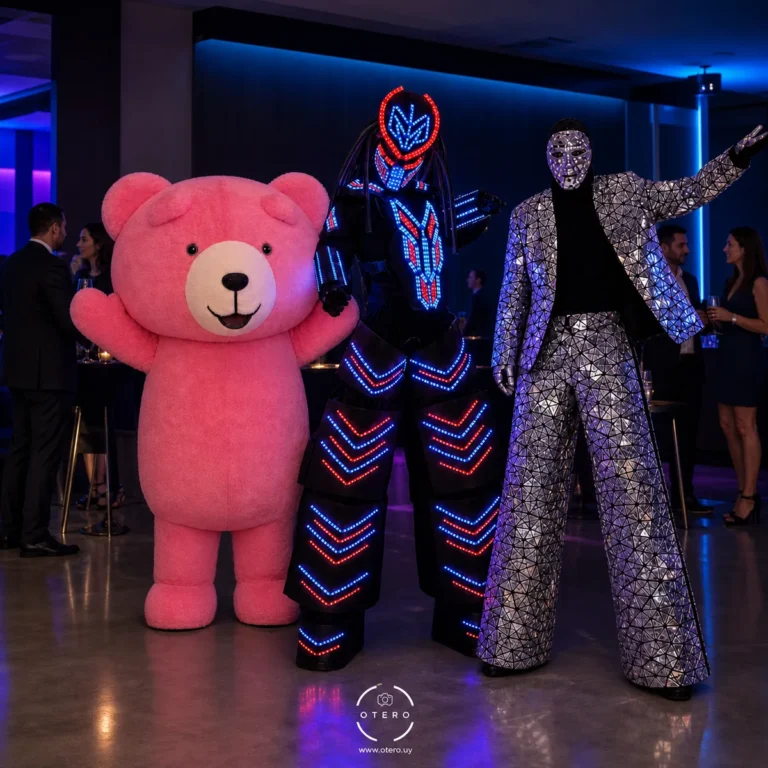 Oso gigante rosa, robot LED Fugitivo y Mirror Man en una recepción empresarial ilustrativa
